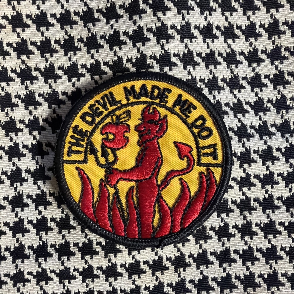 Vintage 1970s "The Devil Made Me Do It" Fabric Sticker Patch, 3" Round